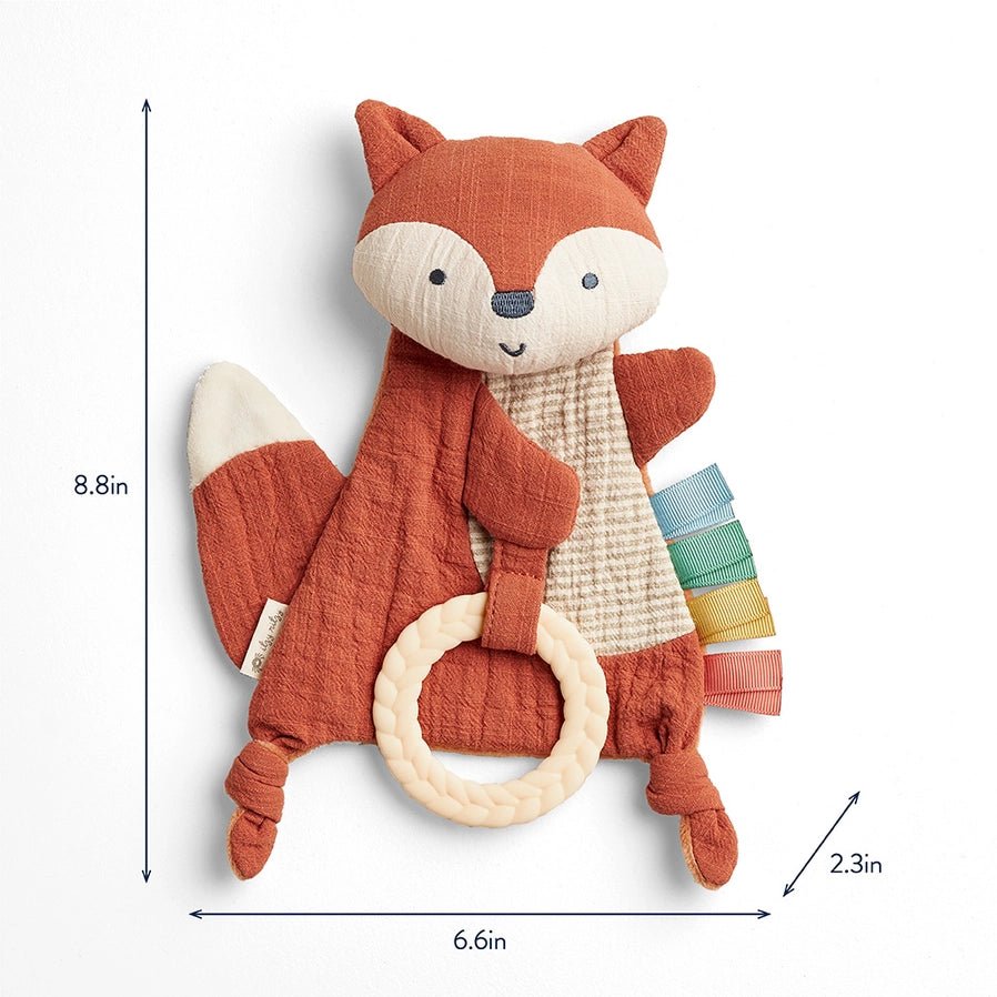 Itzy Ritzy orange fox crinkle sensory toy with teether size on white background.