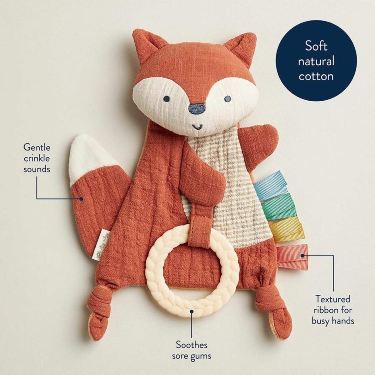 Fox-shaped soft toy with crinkle sound feature on a light background.
