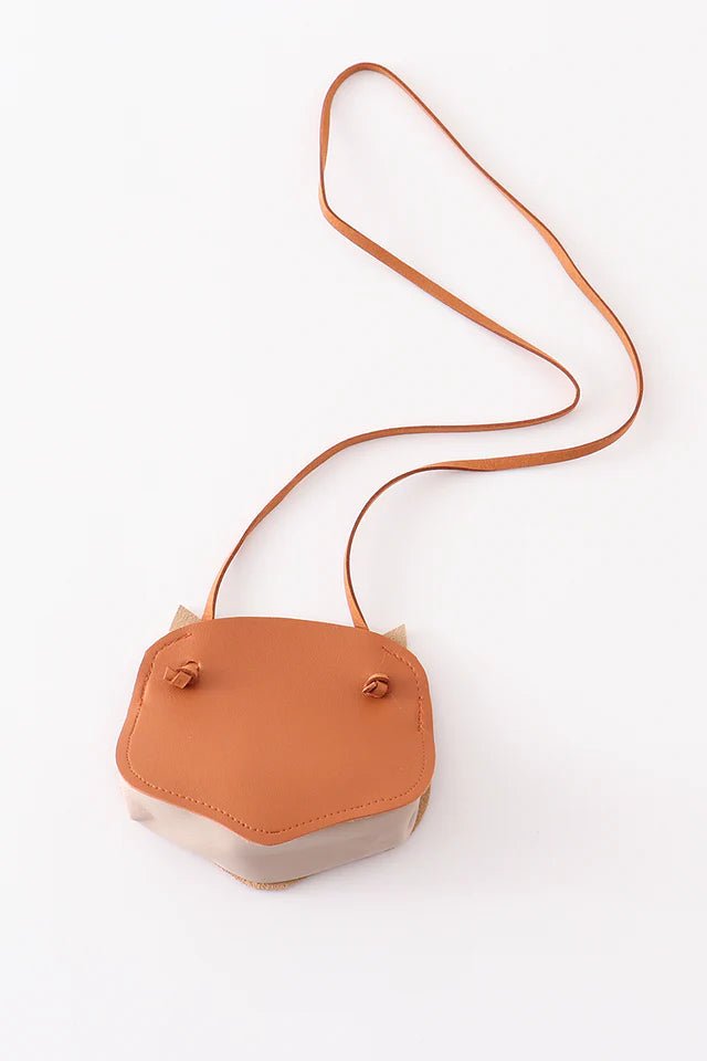 faux leather orange fox purses for kids backside with strap on white background.