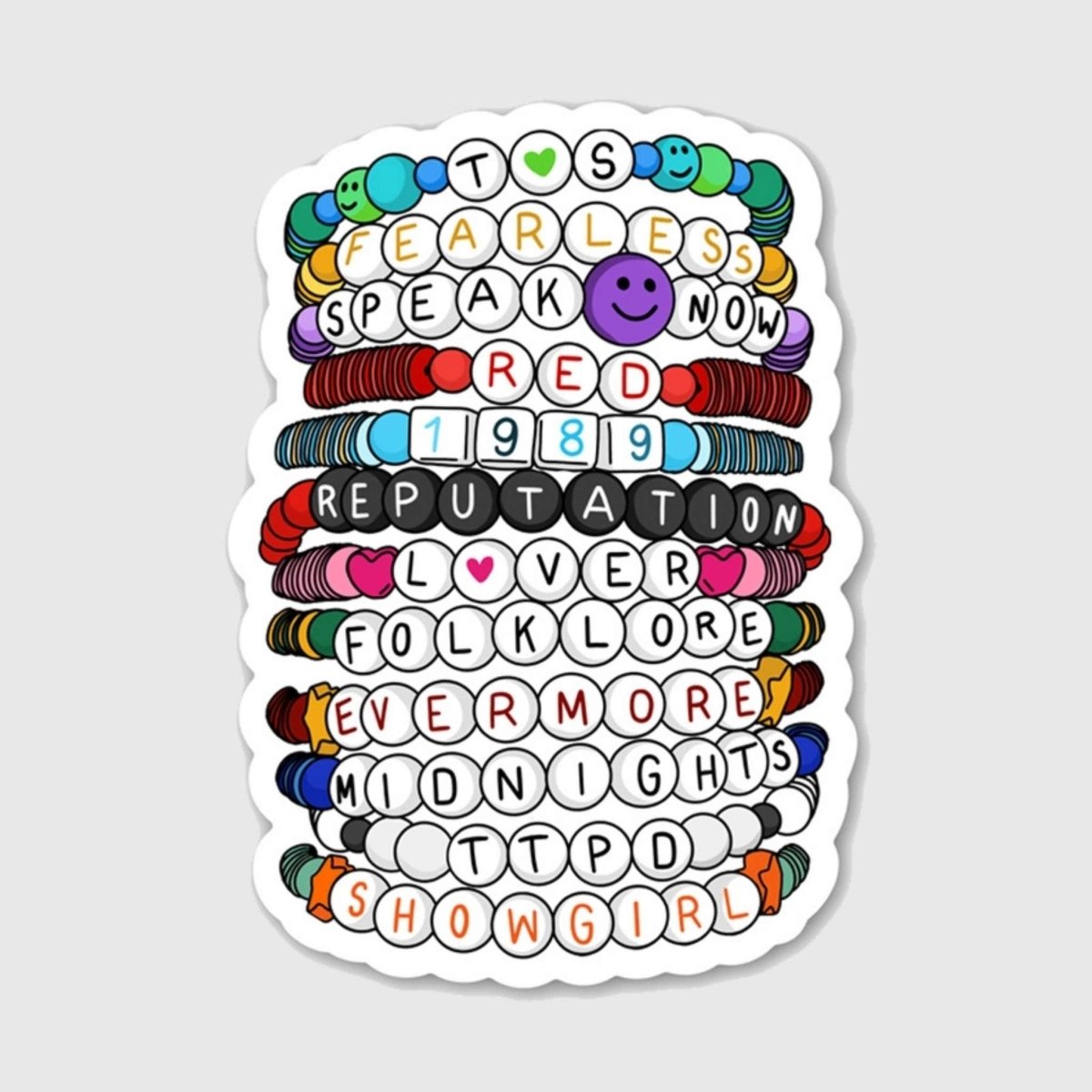 New updated friendship bracelet albums sticker on gray background.