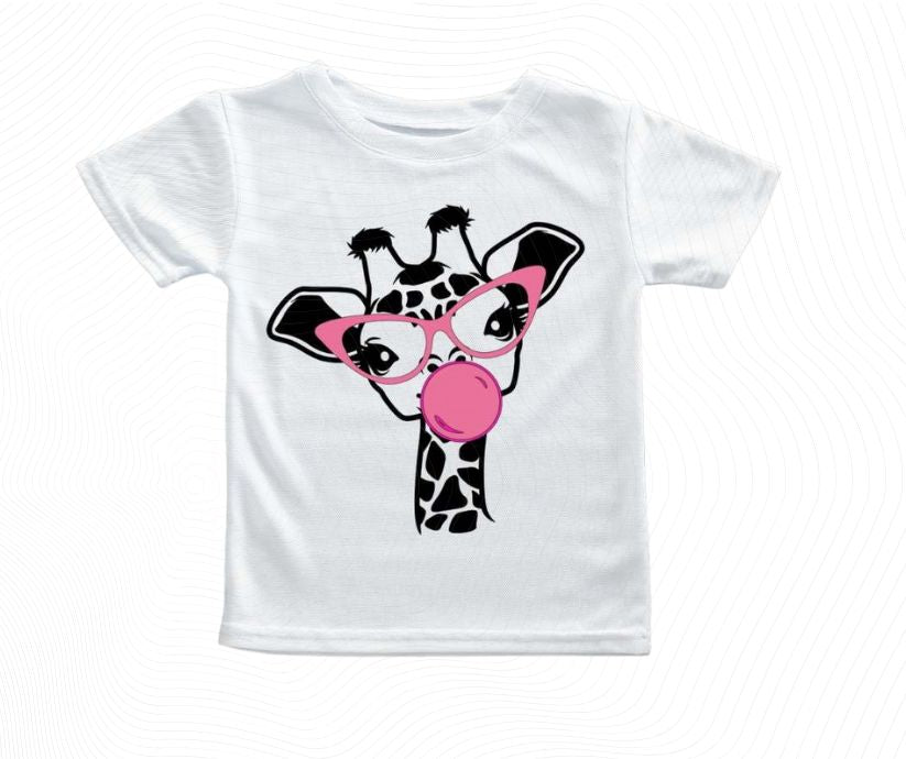 White t-shirt with a giraffe in pink glasses blowing bubble gum design on front with watermark.