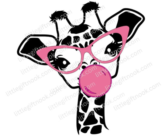 Giraffe wearing pink sunglasses and a pink bubble gum image with watermark.
