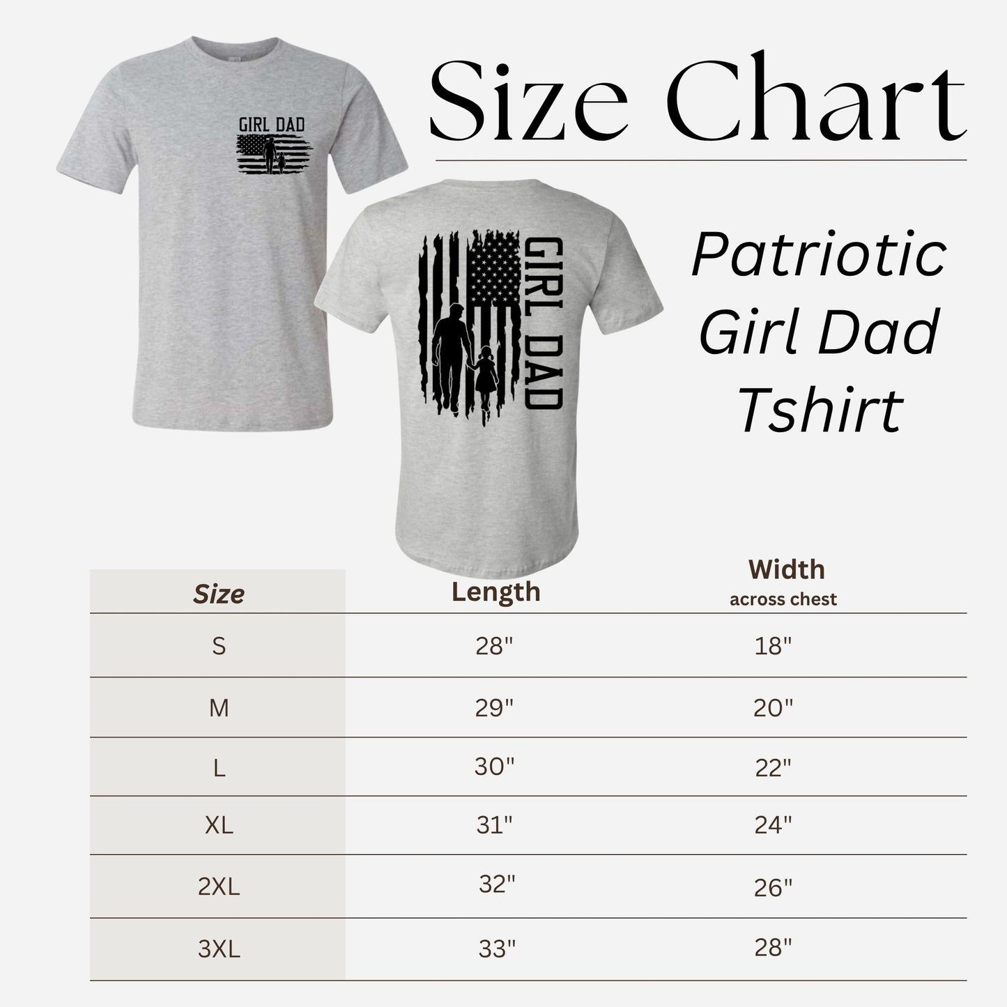 Patriotic 'Girl Dad' t-shirt with size chart on a white background.