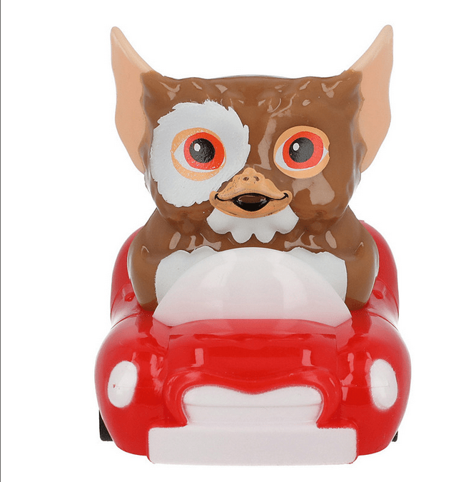 Front view of mini Gizmo Gremlins red racer car toy on white background.