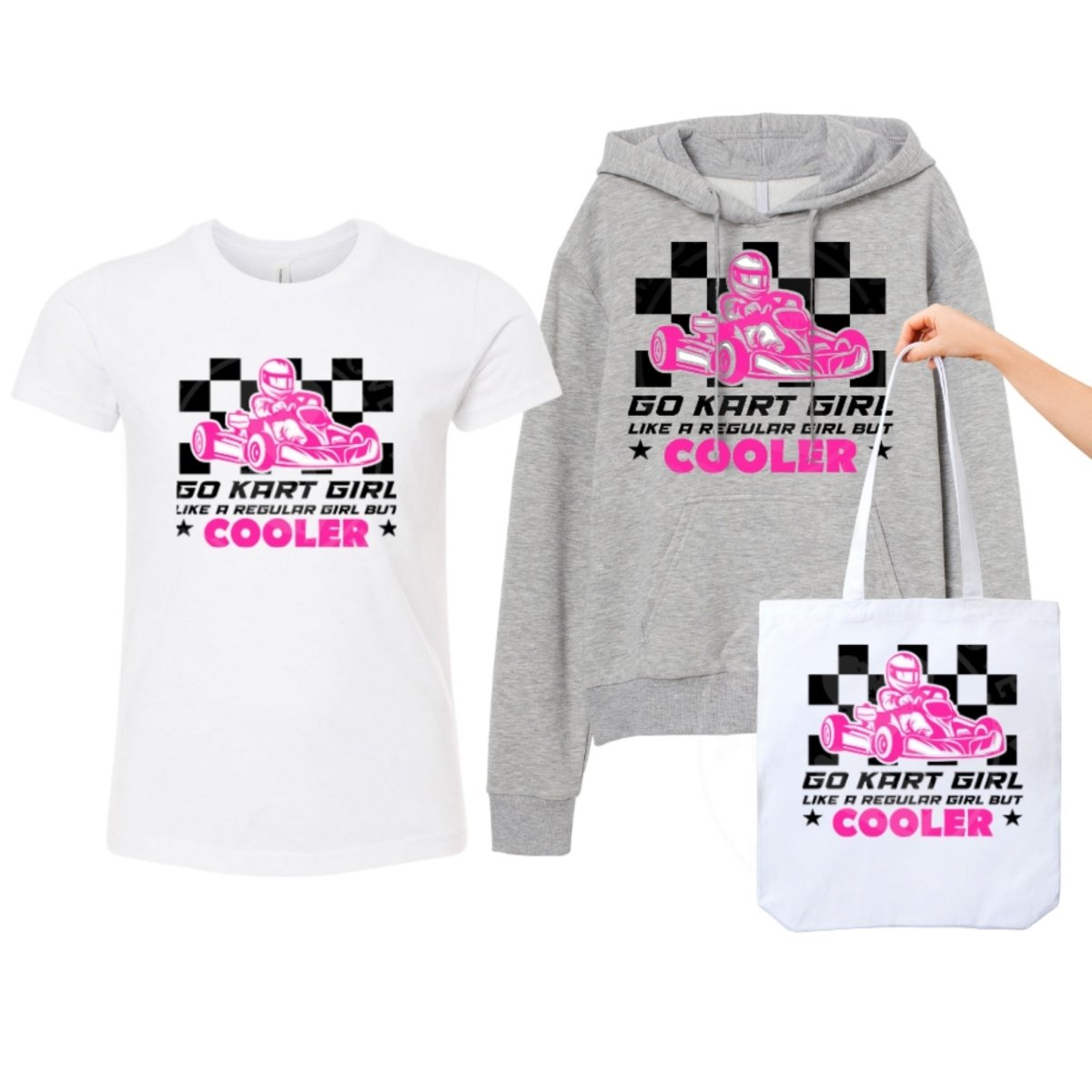 White tshirt, gray hoodie, or white tote bag Go Kart Girl black pink image "Like a Regular girl only cooler" checkered pattern on fronts. Little Gift Nook.
