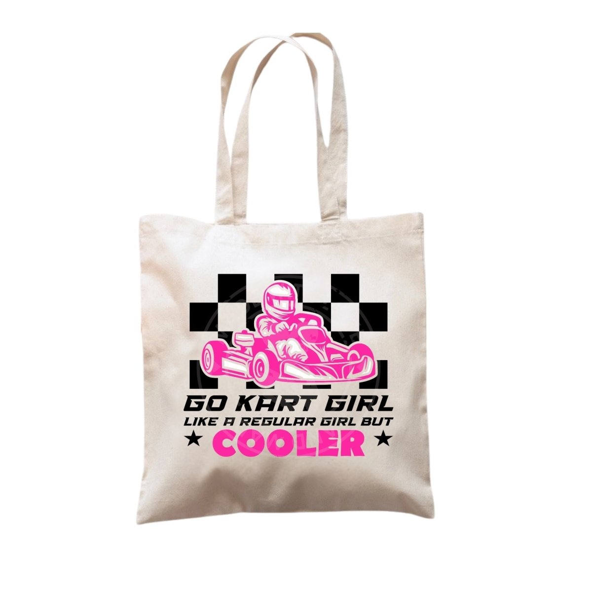 beige tote bag with pink black checkered GO KART GIRL, Like a Regular girl only cooler image on front. Bag on white background.