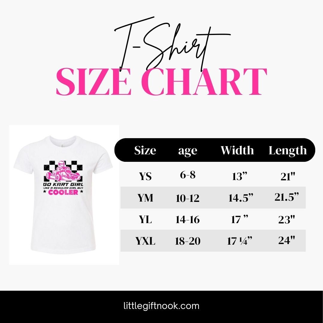 Go Kart Girl pink black image tshirt size chart. Little Gift Nook