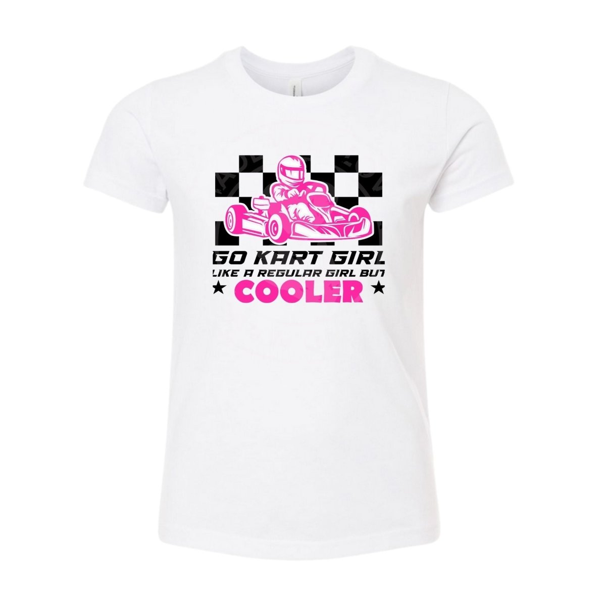 white tshirt with pink black checkered GO KART GIRL, Like a Regular girl only cooler on front. Shirt on white background.