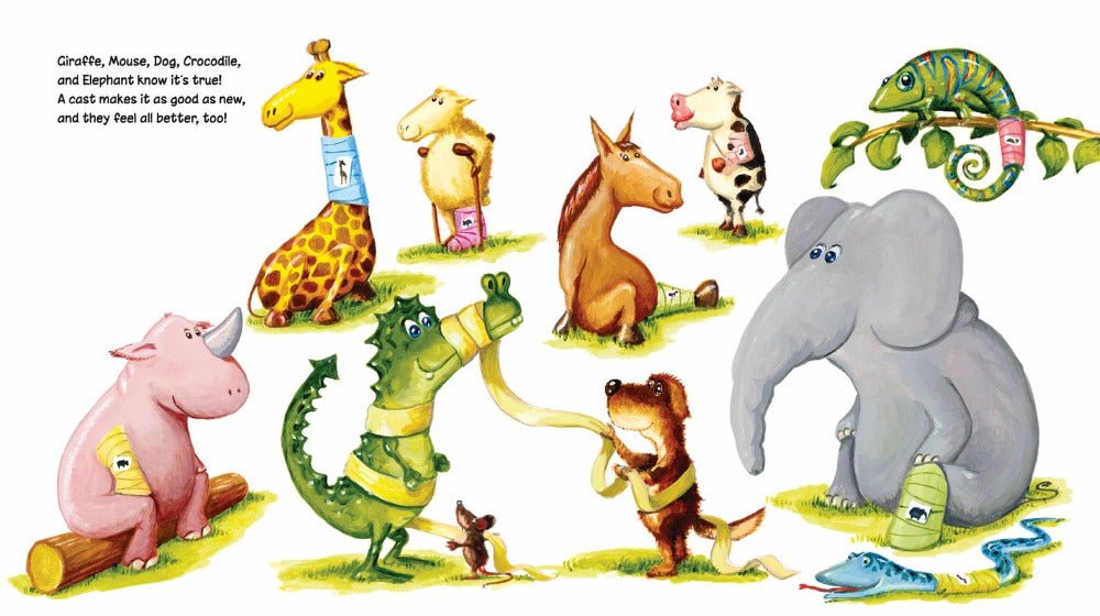 Good As New Bandage Reusable Sticker Board Book page with all animals with their bandages on. - Little Gift Nook