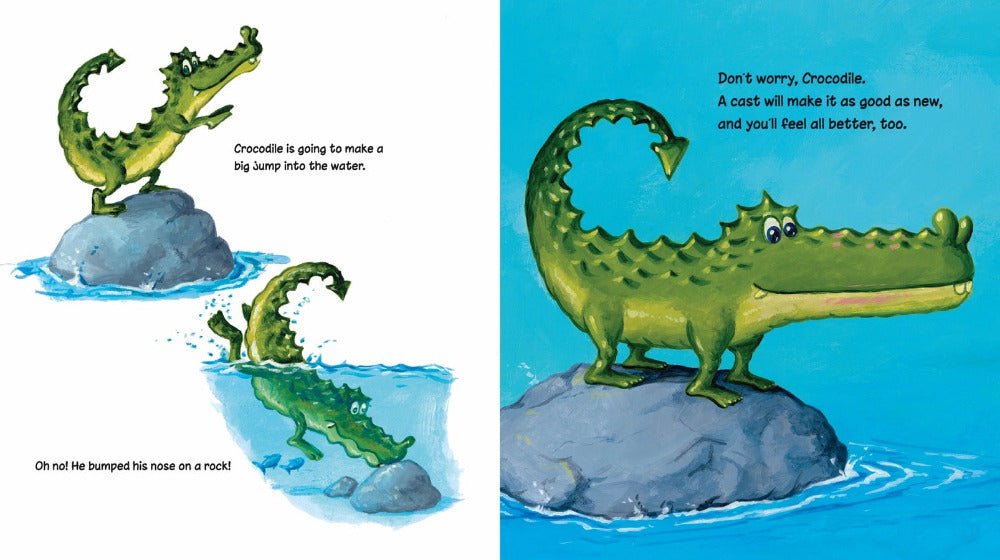 Good As New Bandage Reusable Sticker Board Book crocodile page with his booboo. - Little Gift Nook