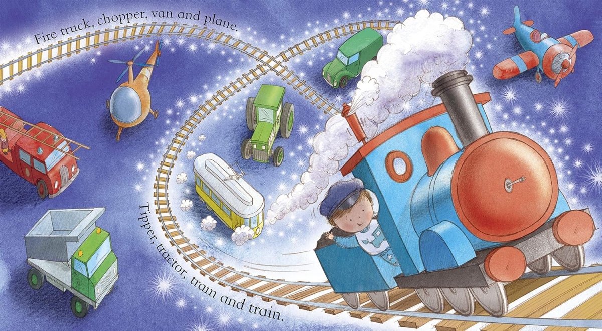 Inside Goodnight Digger book little boy playing with trains.