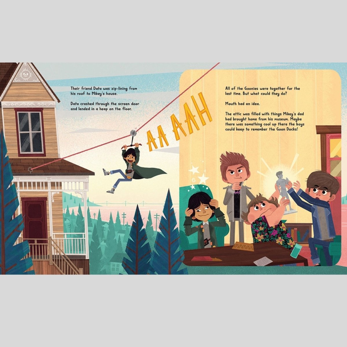 Illustrated book "Goonies" inside page 1-2 with characters and a house in the background.