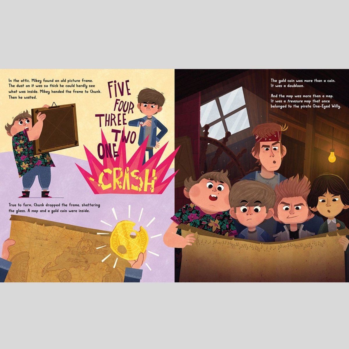 Children's book "Goonies" with illustrations and text, featuring a countdown and treasure hunt theme.