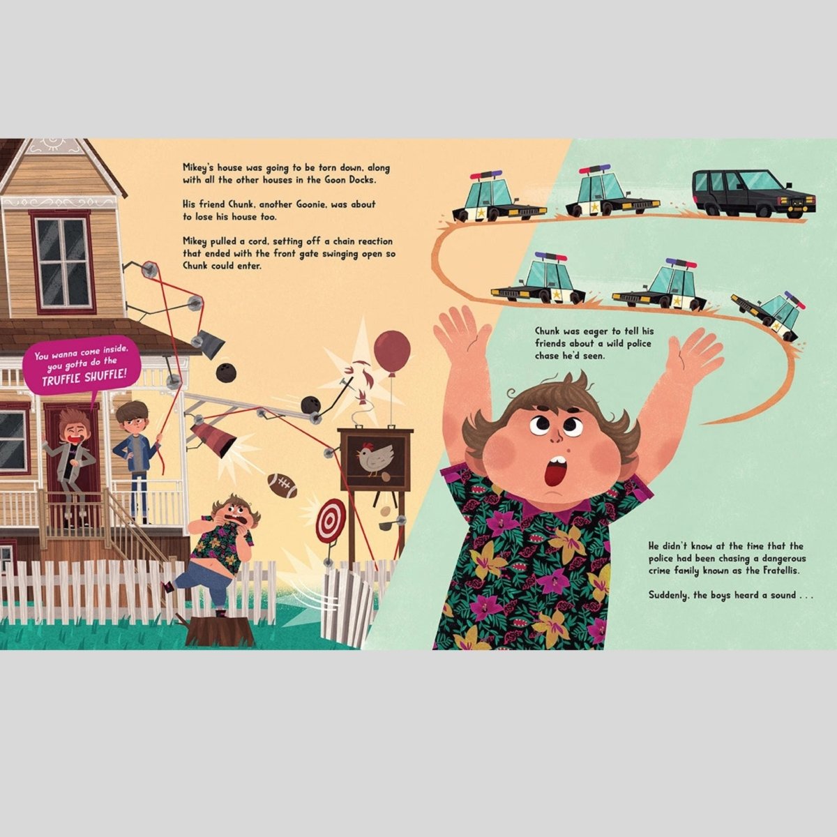 Illustrated page from a children's book "Goonies" with a character and scene details.