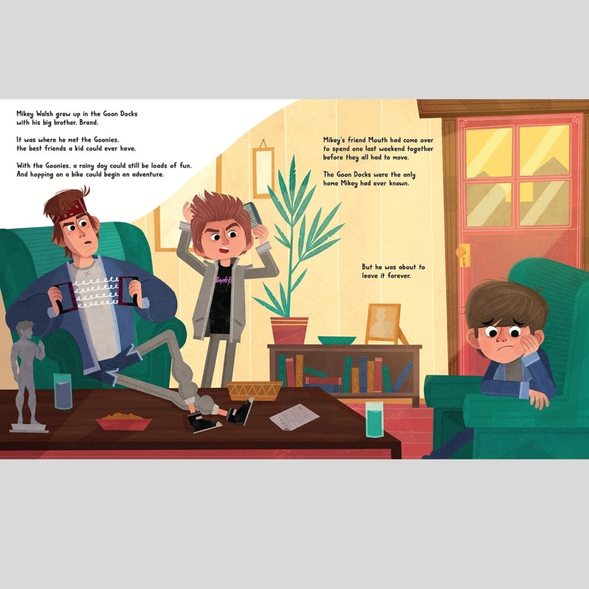 Illustrated page from a children's book "Goonies" showing three characters in a living room setting.