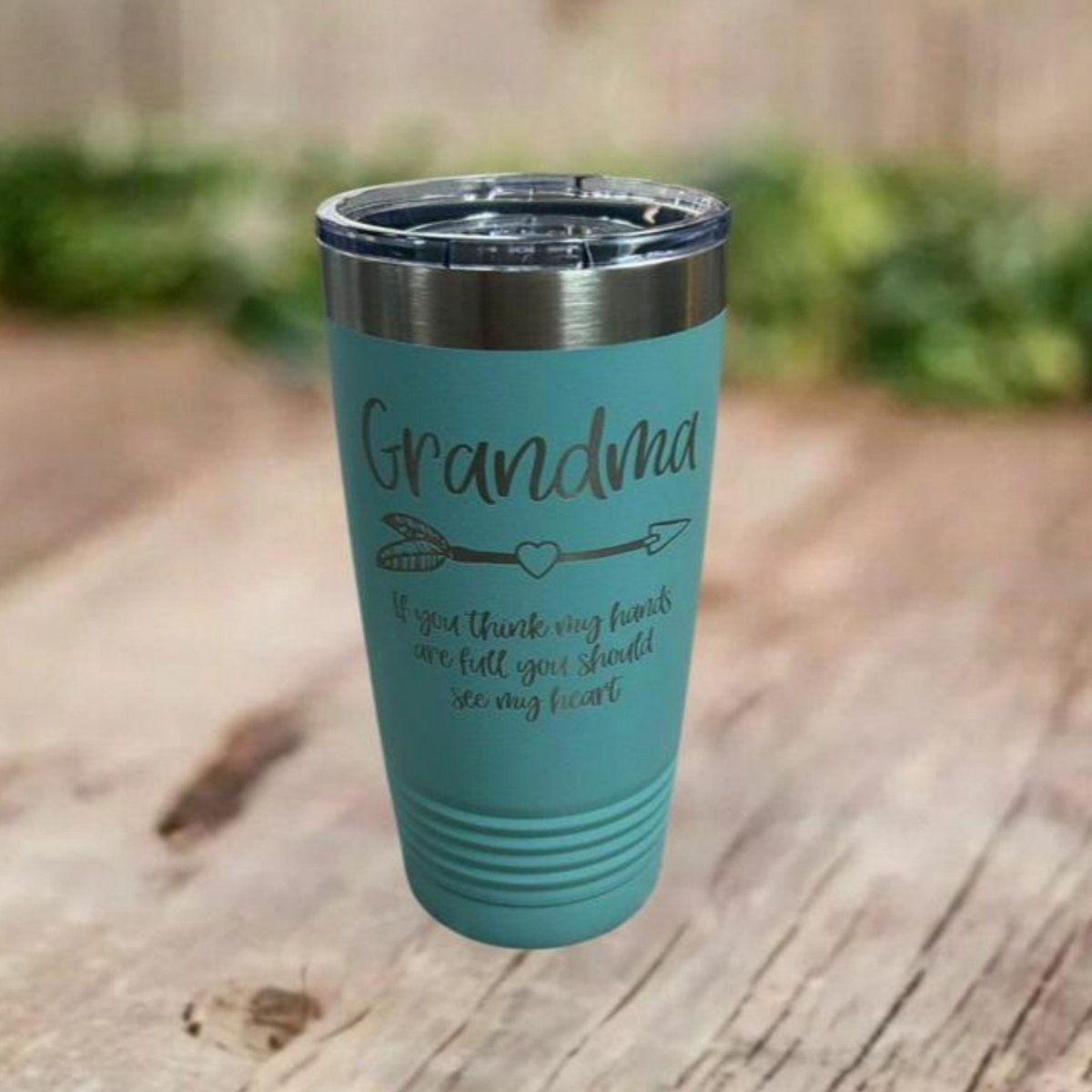 Grandma 20oz Stainless Steel Tumbler in Teal. Engraved on front: Grandma with arrow, If you think my hands are full you should see my heart. - Little Gift Nook