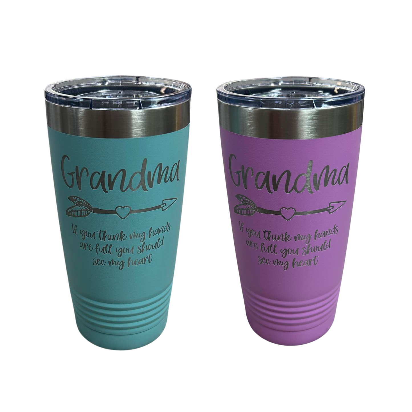 Grandma 20oz Stainless Steel Tumblers. Shown in lavender or teal colors. Grandma with arrow If you think my hands are full you should see my heart. Engraved on front. - Little Gift Nook