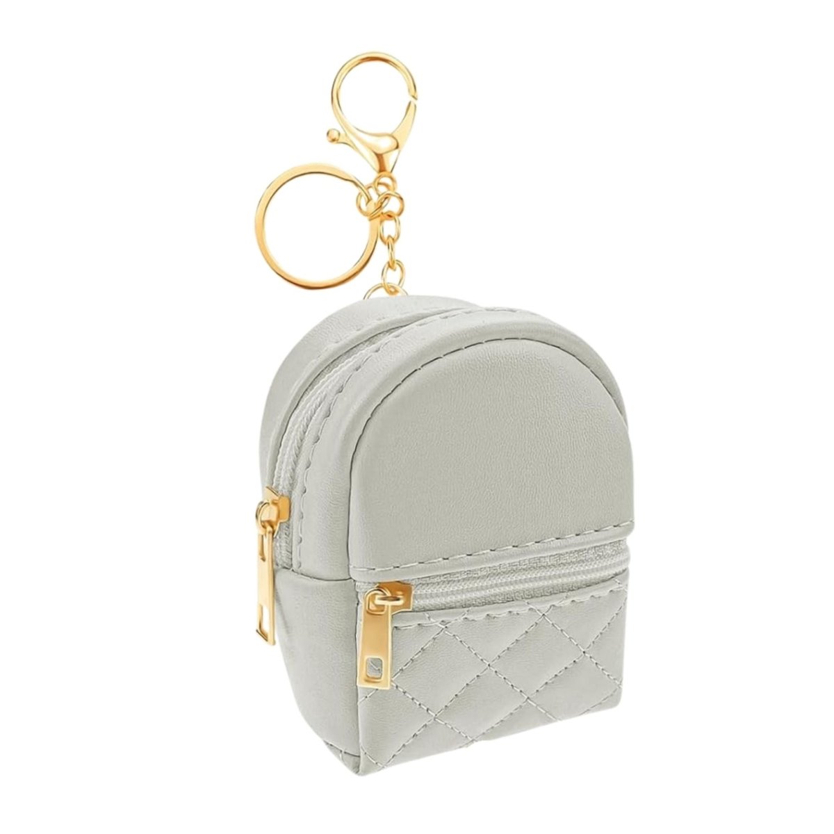 Light Gray Quilted Mini Backpack Coin Purse Keychain. Has 2 pockets that open with gold zippers and gold keyring, chain, and lobster clip. Measures 3.94 inches tall. Little Gift Nook.
