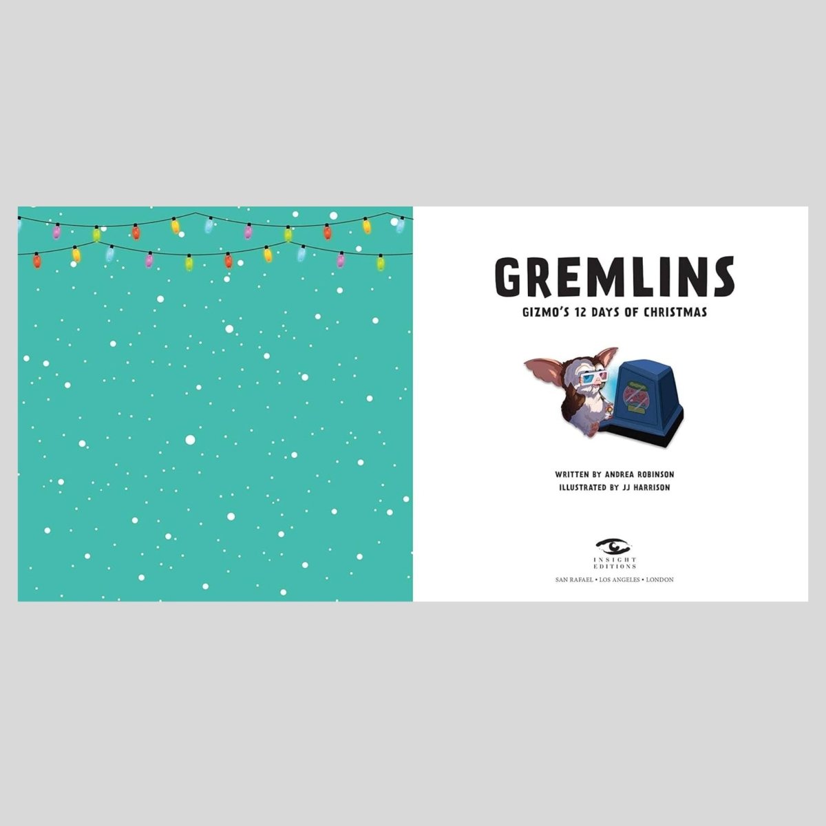Book inside cover of 'Gremlins: Gizmo's 12 Days of Christmas' with a teal background and festive lights, Gizmo watching tv in 3d glasses.