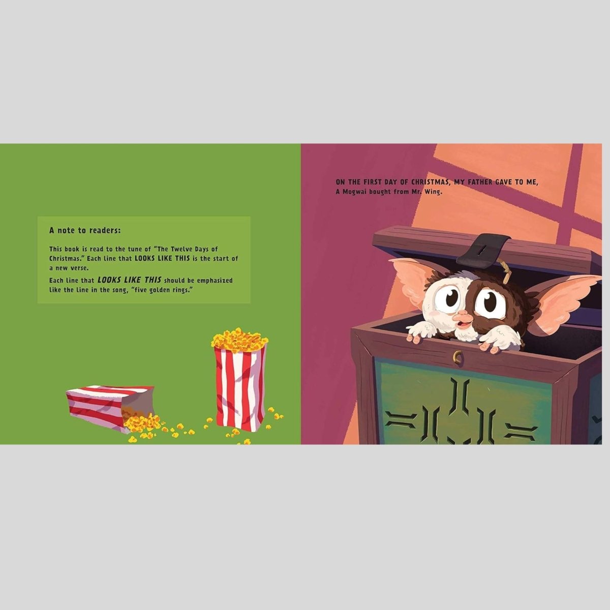 Illustration of a cartoon Gizmo peeking out from a box with popcorn, on a colorful background.
