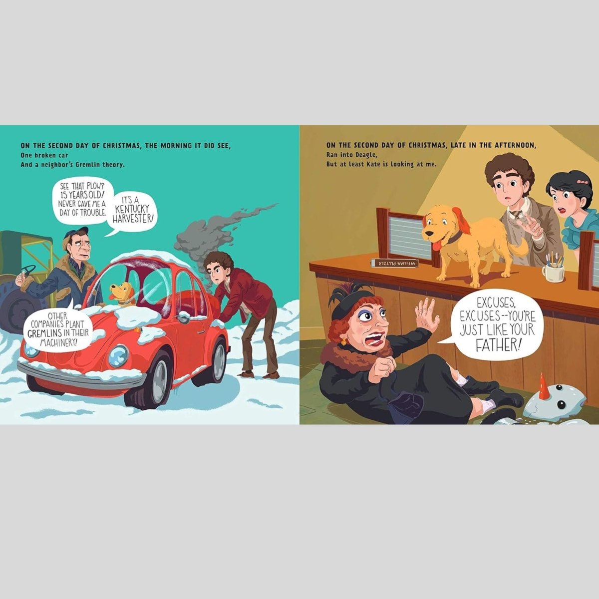 Illustrated from Gremlins Storybook page with two scenes: one with a car in the snow and another with a woman at a desk with a dog.