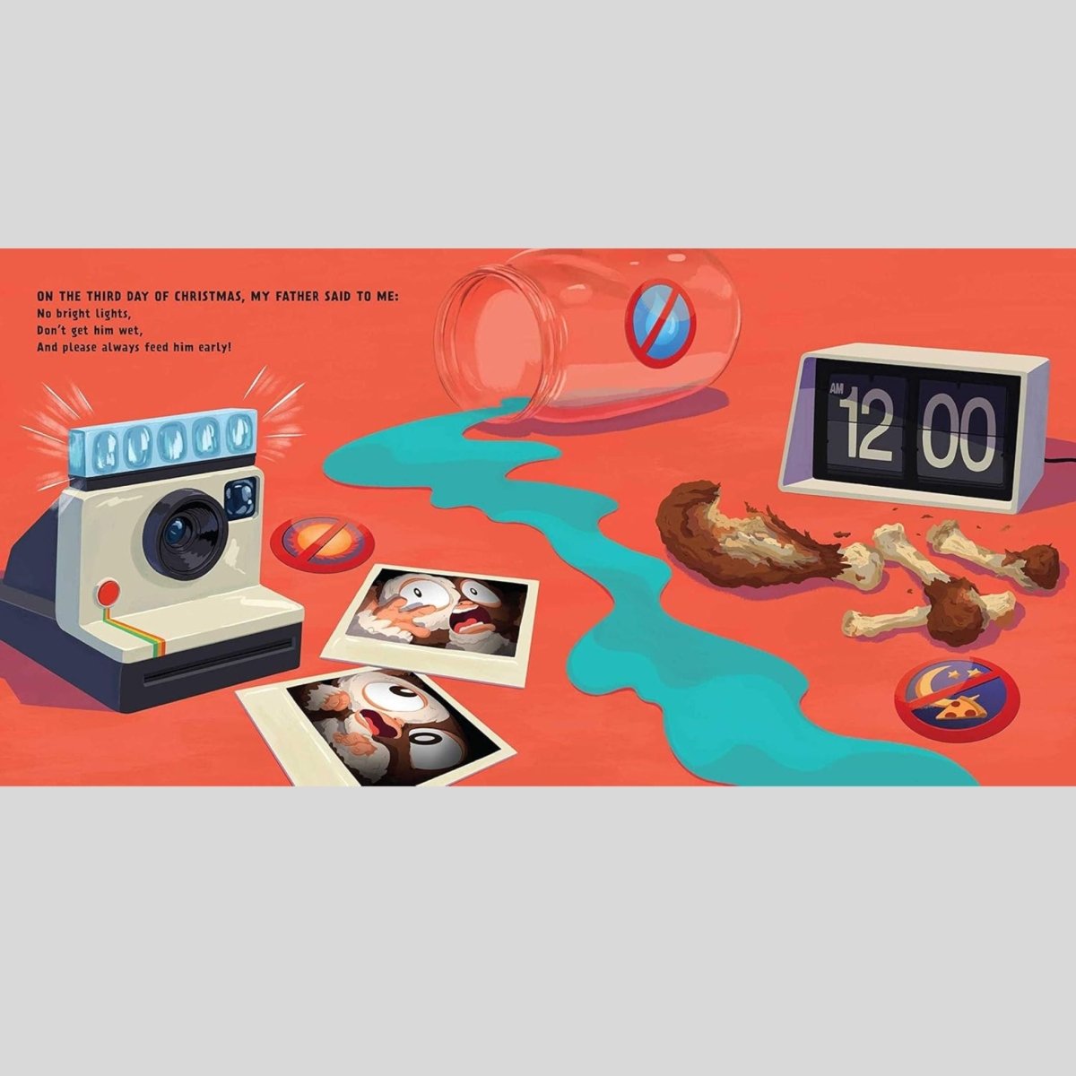 Illustration from Gremlins book of a vintage camera, photos, and clock on a red background with chicken bones.