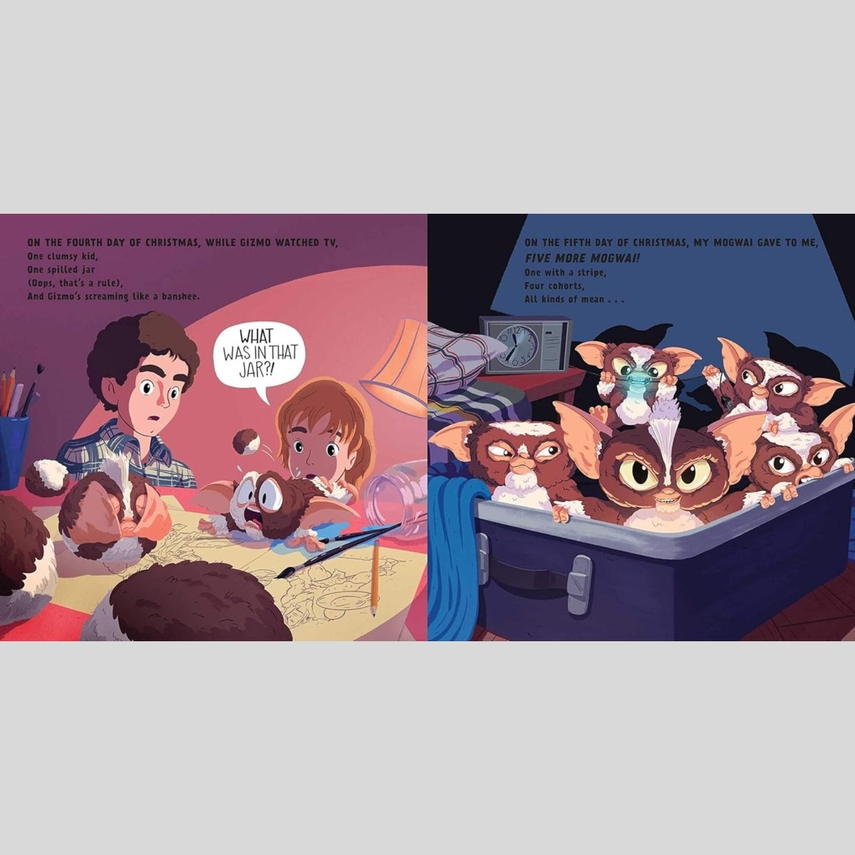Illustrated from Gremlins story book pages showing children with a dog and a suitcase full of gremlin creatures.