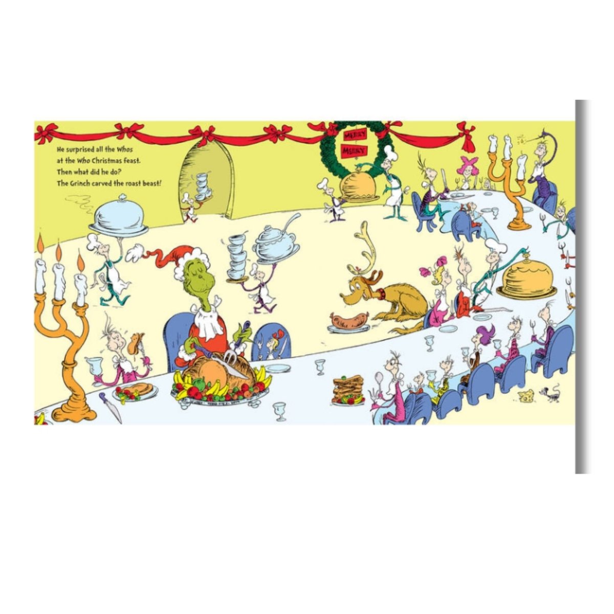 Illustration in Grinch's Great Big Flap Book inside pages of a festive Christmas dinner scene with Grinch and whos. Little Gift Nook