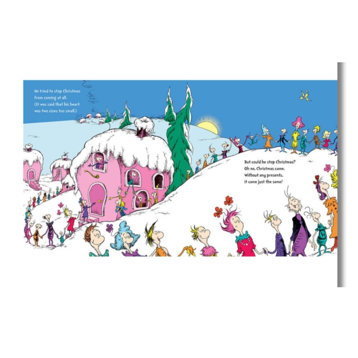 Illustration from inside Grinch's Great Big Flap Book pages with colorful who characters and a pink house on a snowy landscape.