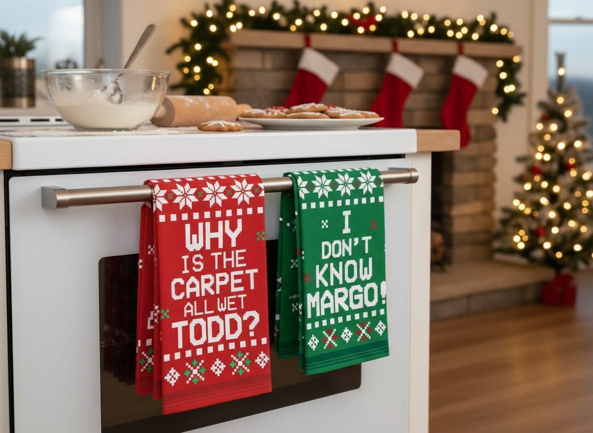 Set of 2 Christmas Vacation Why is the carpet all wet Todd, I don't know Margo red and green tea towels hanging on stove on Christmas background.