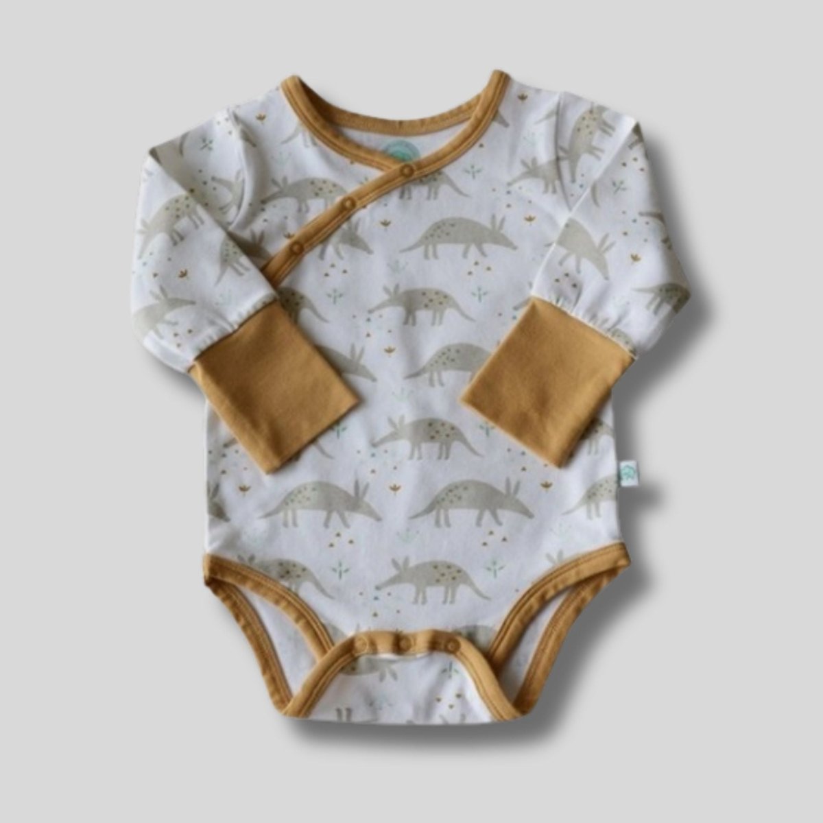 white with tan cuffs and trim - Shoulder Snap Long Sleeved bodysuit for Baby- Gray Ari Aardvark print. Double layer snaps that give some room to grow.- Little Gift Nook