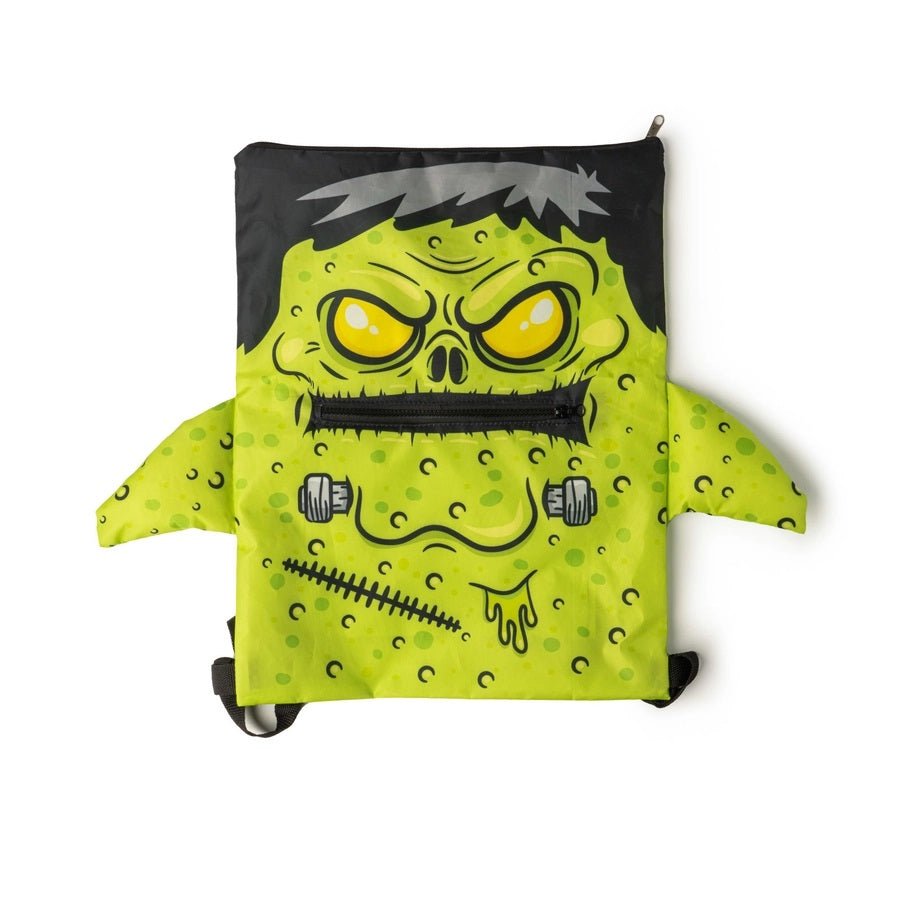 Green Frankenstein Halloween Zipper Mouth Trick or Treat Backpack on white background.