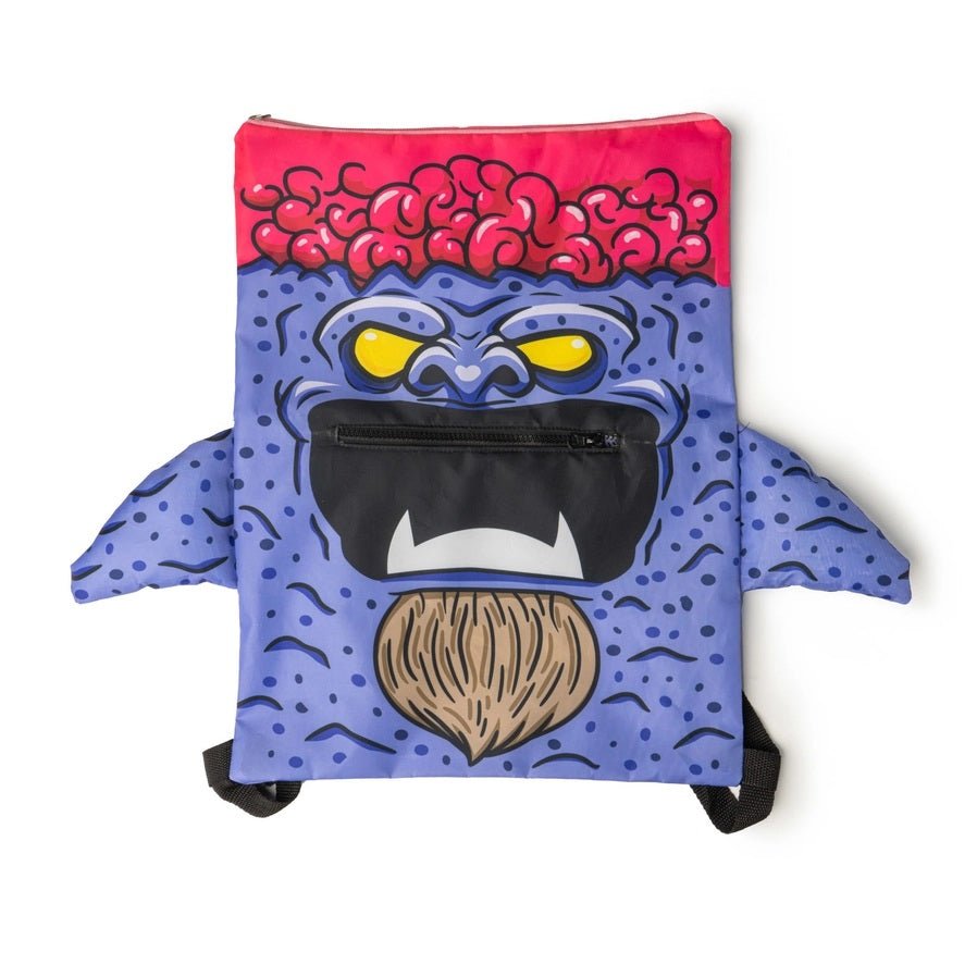 Purple monster theme Halloween Zipper Mouth Trick or Treat Backpack on white background.