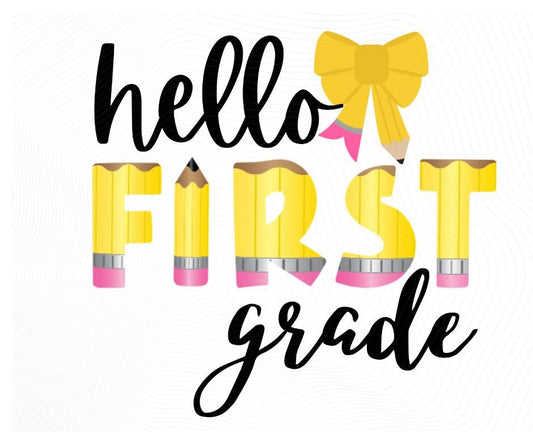 Hello First Grade pencil theme bow image with watermark. Little Gift Nook