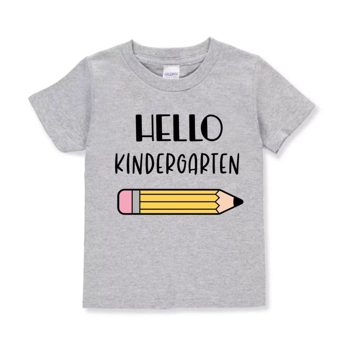 Gray t-shirt with 'Hello Kindergarten' and a pencil graphic on a white background