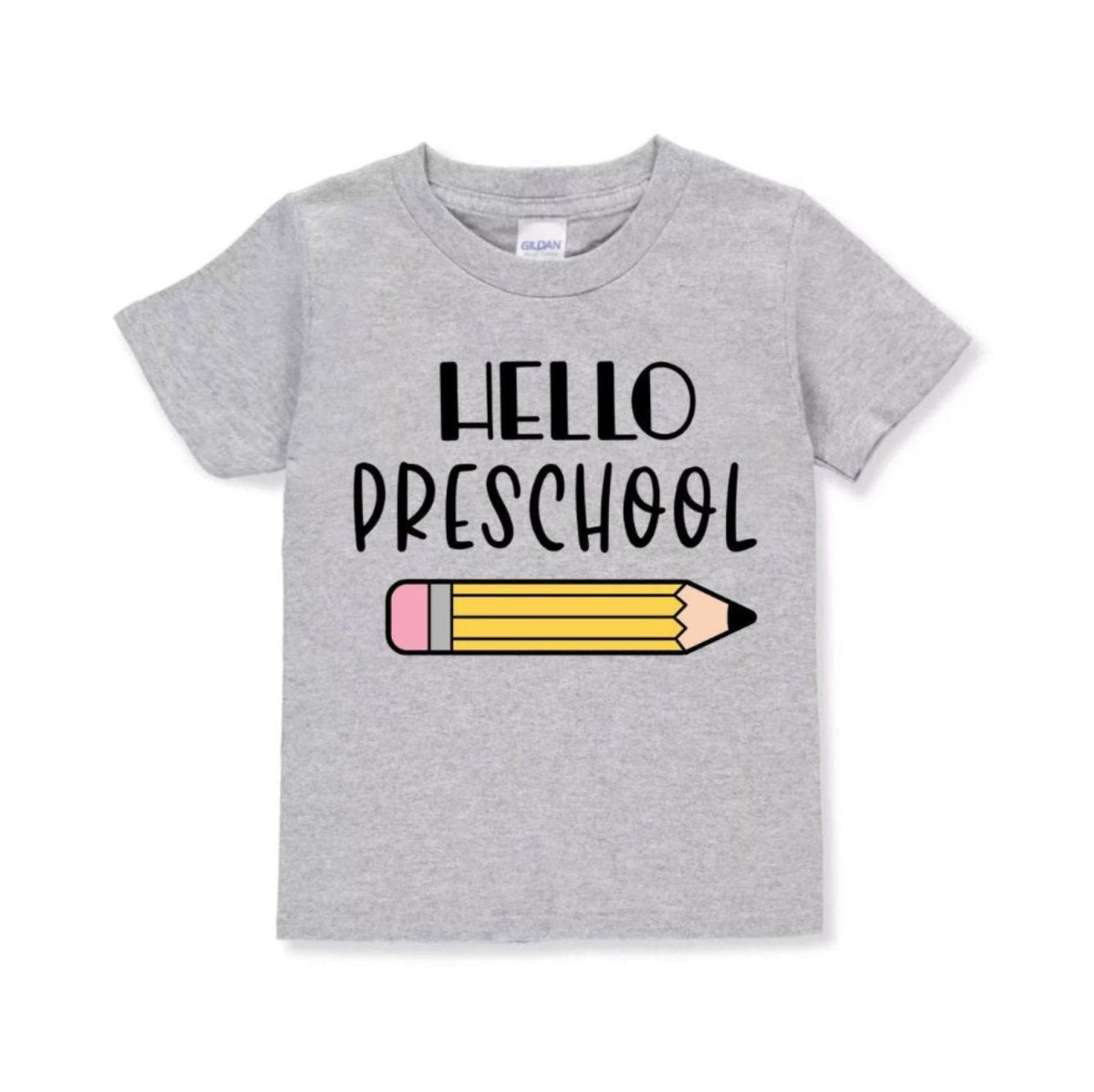 Gray t-shirt with 'Hello Preschool' and a pencil graphic on a white background
