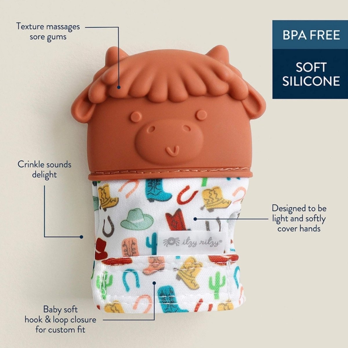Silicone brown highland cow teething mitt for baby features and details.
