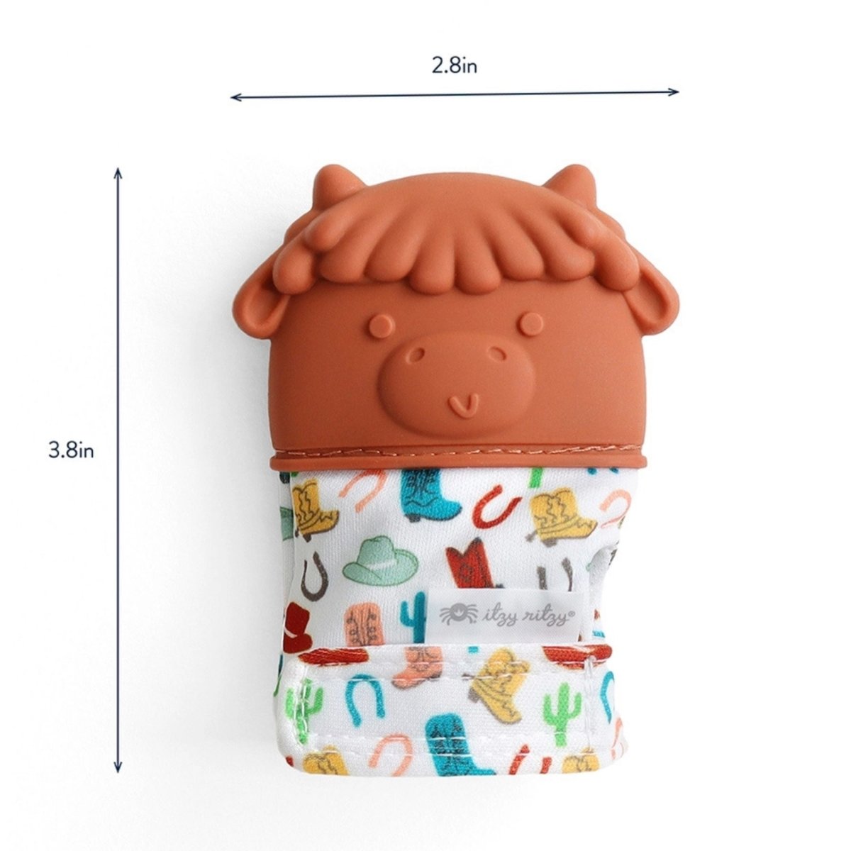 Silicone textured brown highland cow teething mitt for baby size details.