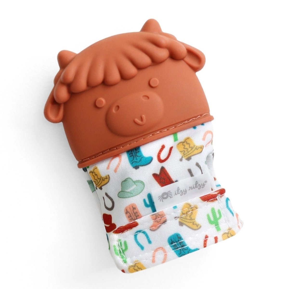 Itzy Ritzy brown highland cow western theme silicone teething mitt for baby sitting on white background. Little Gift Nook