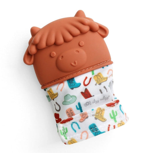Itzy Ritzy brown highland cow western theme silicone teething mitt for baby sitting on white background. Little Gift Nook