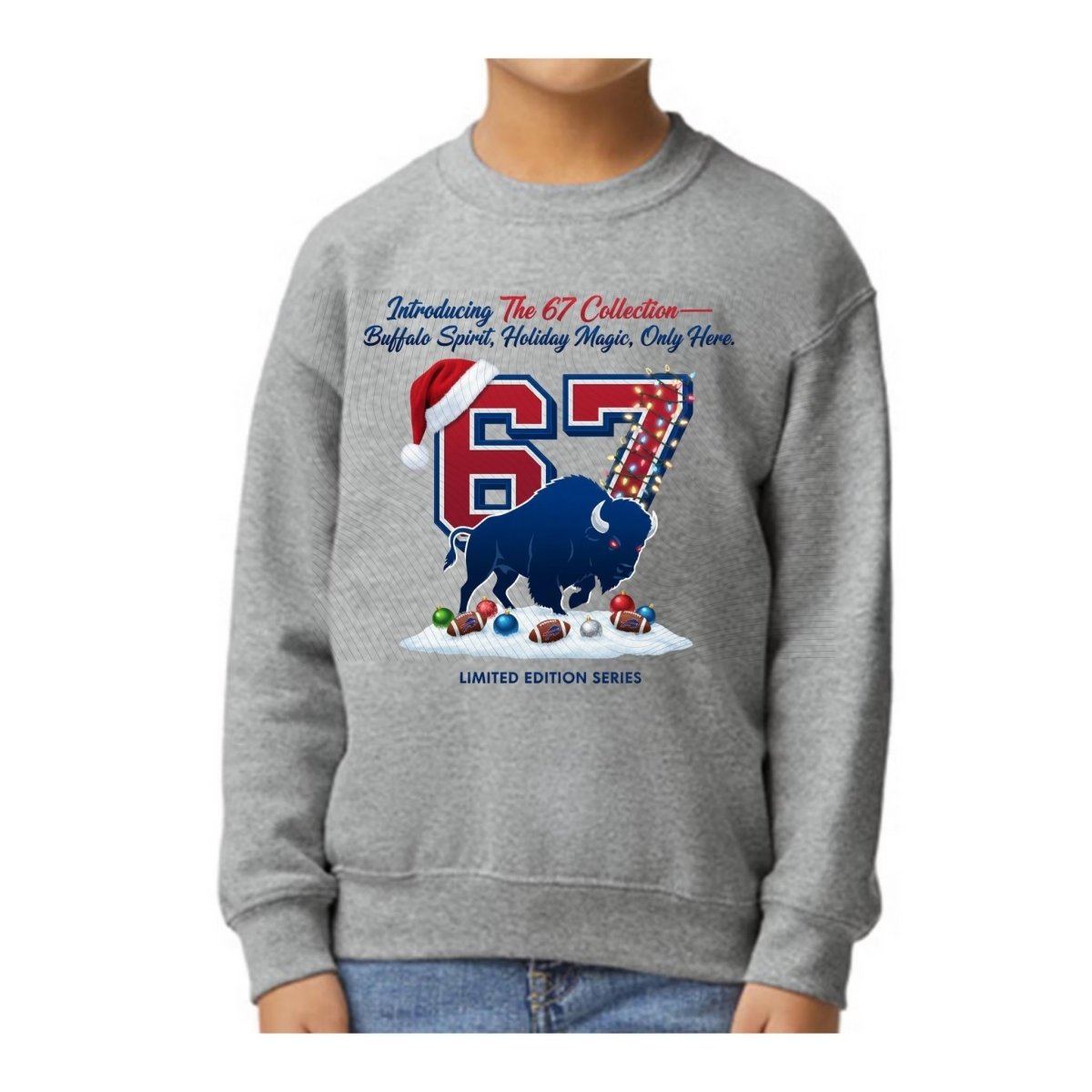 model wearing gray sweatshirt with red blue 67 holiday Christmas lights and charging buffalo on front standing on white background.