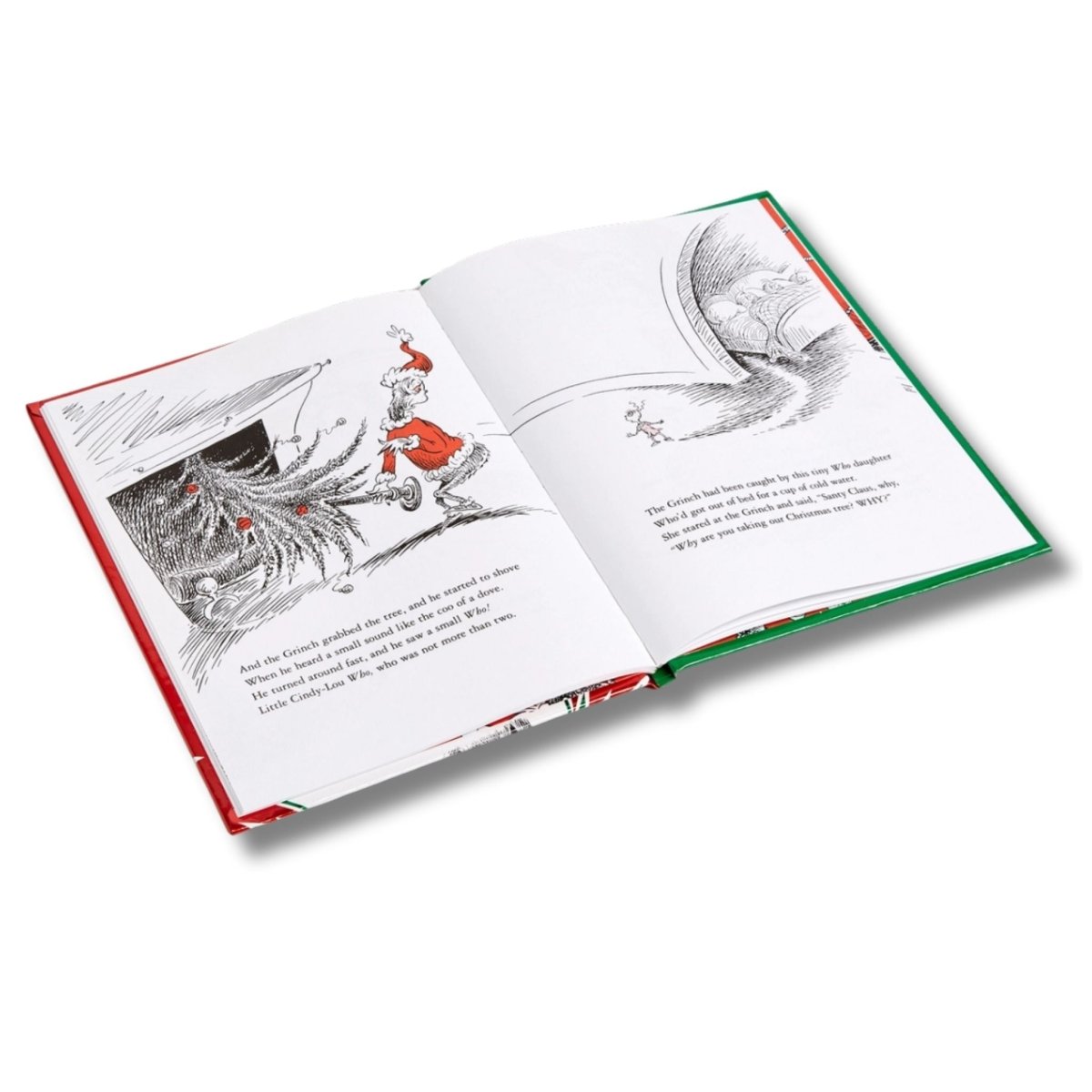 How the Grinch Stole Christmas large hardcover story book inside pages sitting on white background.
