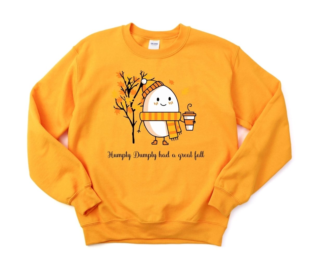 golden yellow Humpty Dumpty had a great fall holding latte fall leaves on front - Little Gift Nook