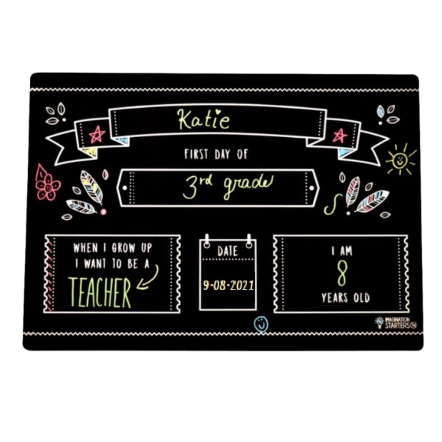Personalized placemat for the first day of school with text and decorative elements.