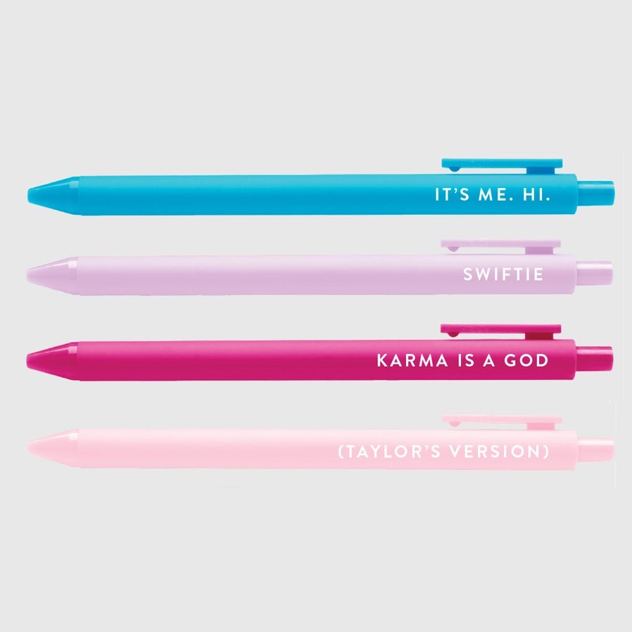 In Your Era Swiftie Pen Set of 4 colored pens all blank ink with song titles or lyrics on each pen sitting on light gray background. - Little Gift Nook