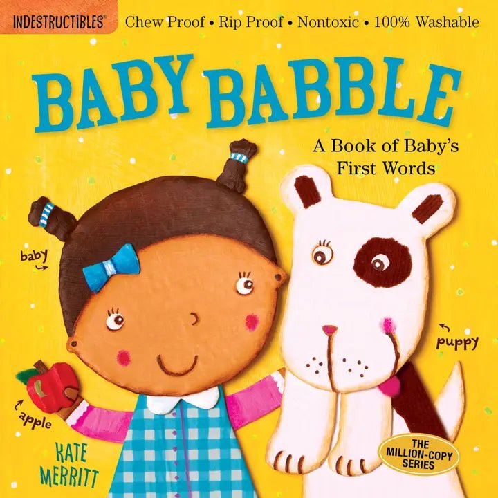 Indestructible chew and rip proof baby Book cover of 'Baby Babble' featuring a child and a puppy on a yellow background.