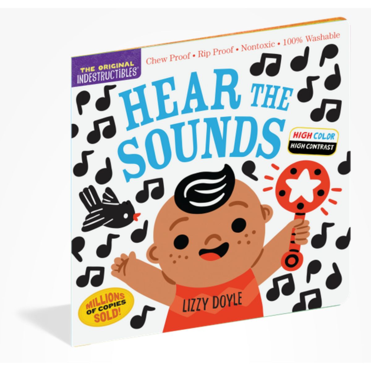 Indestructibles baby book "Hear the Sounds" cover with high contrast angled on white background.