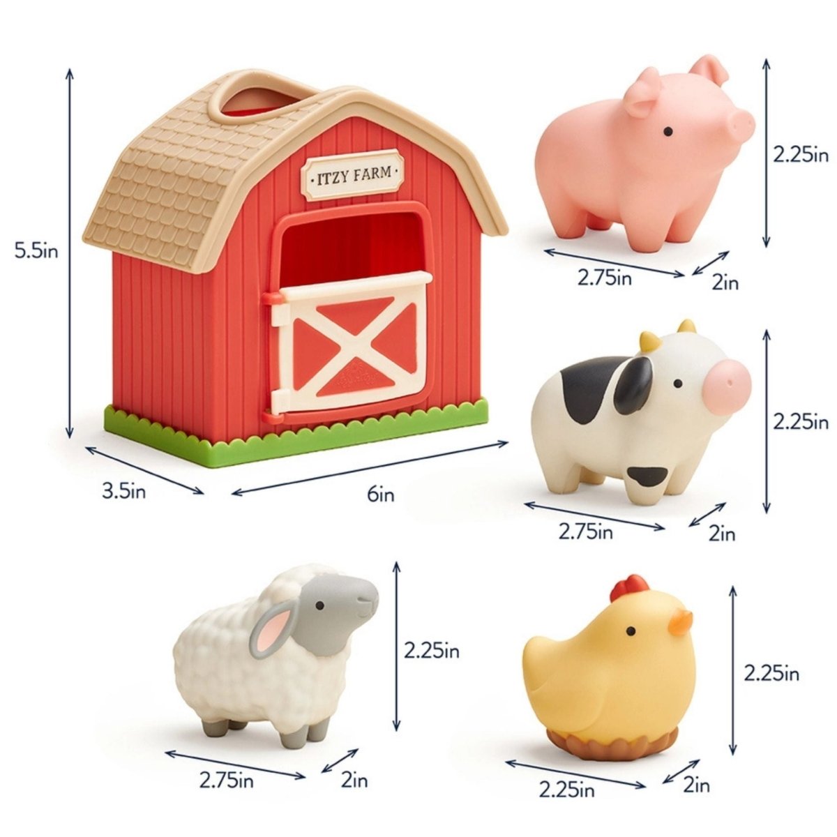 Sizes of each piece of this Red plastic barn playset for baby on a white background. Little Gift Nook