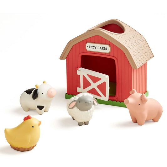 Red plastic barn with little cow, pig, sheep, and chicken playset for baby on a white background. Little Gift Nook