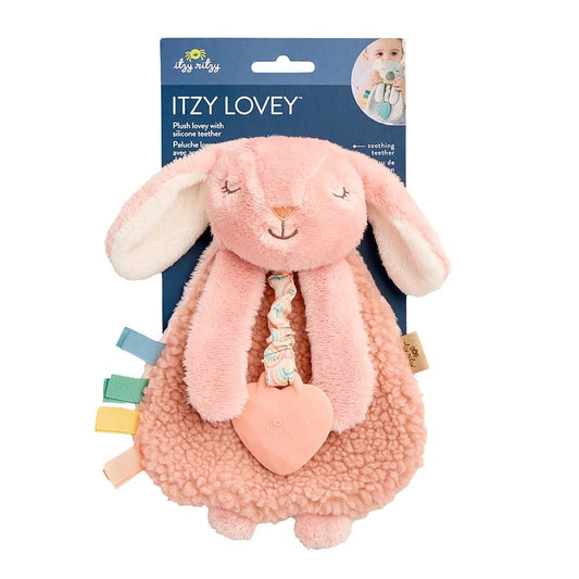 Itzy Friends Lovey Bunny Teether Plush - in pink sherpa plush with sensory tags and heart shapped silicone teether - Little Gift Nook